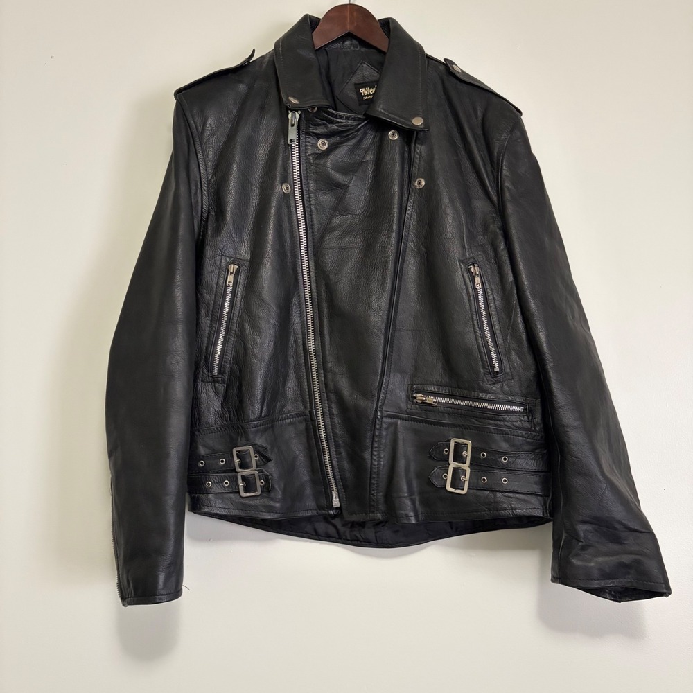 Nice London Vintage Black Leather Biker Moto Jacket Asymmetrical Zip Buckle Trim